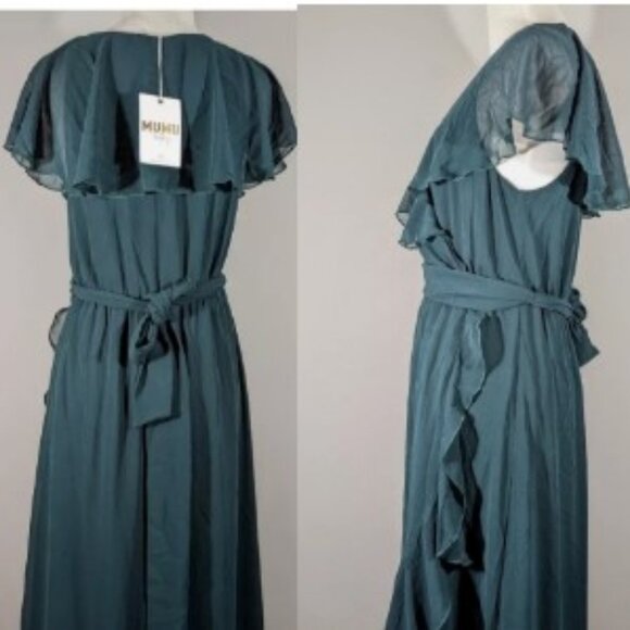 Show Me Your MuMu Jessie Ruffle Chiffon Bridesmaid Dress Emerald M 🆕⌚📦🏃💨🚚 - Picture 9 of 15